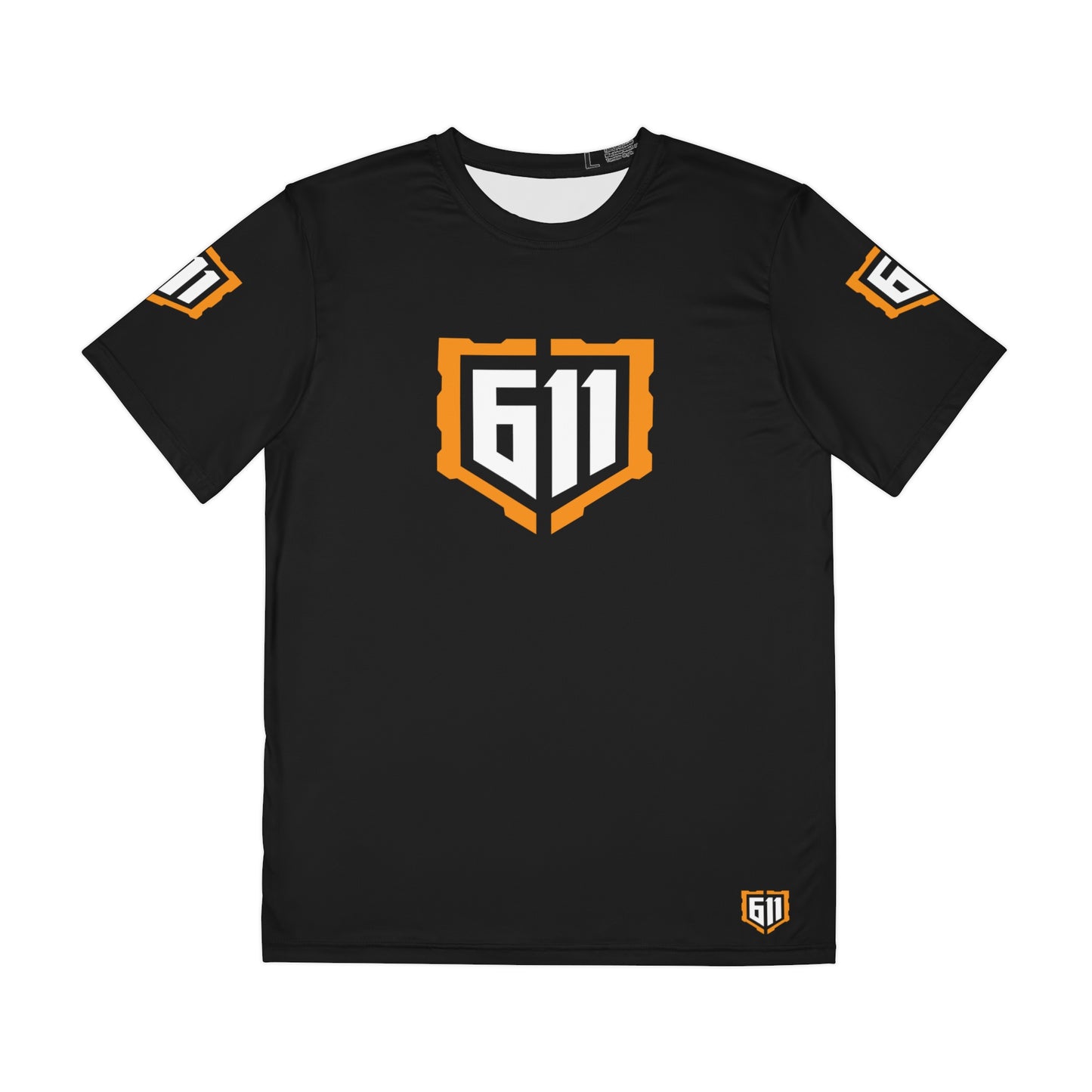 Black t-shirt with orange and white logo on a white background