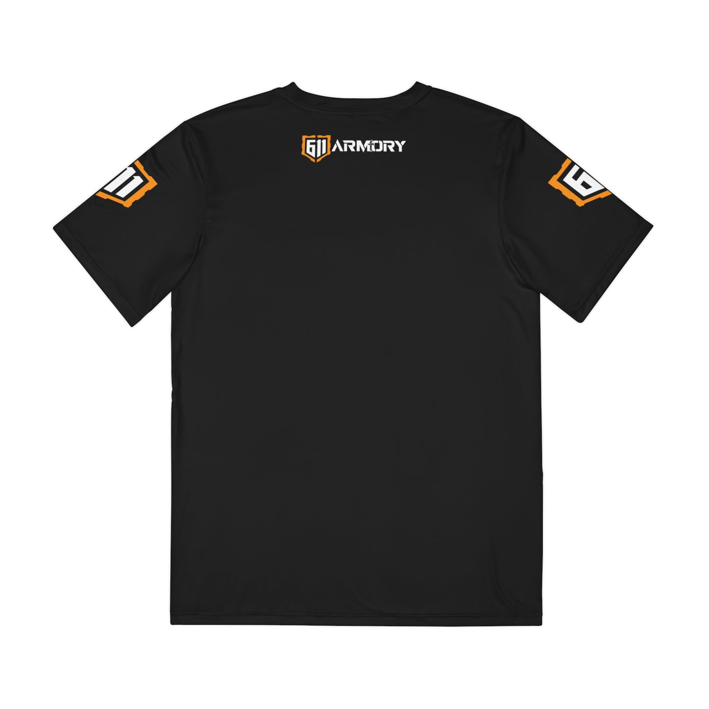 Black t-shirt with logos on sleeves and chest on a white background
