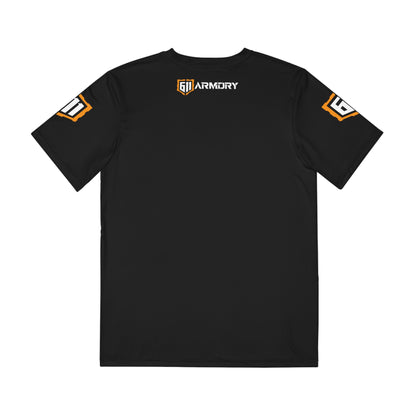 Black t-shirt with logos on sleeves and chest on a white background