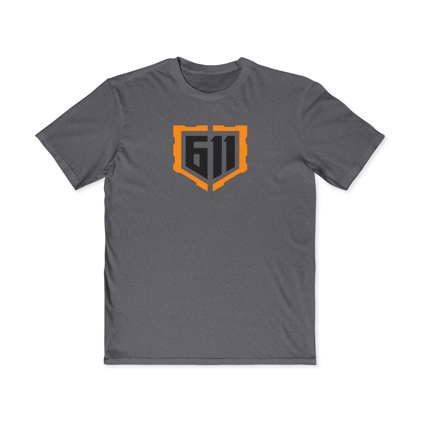 Gray t-shirt with a logo featuring the number 611 on a white background