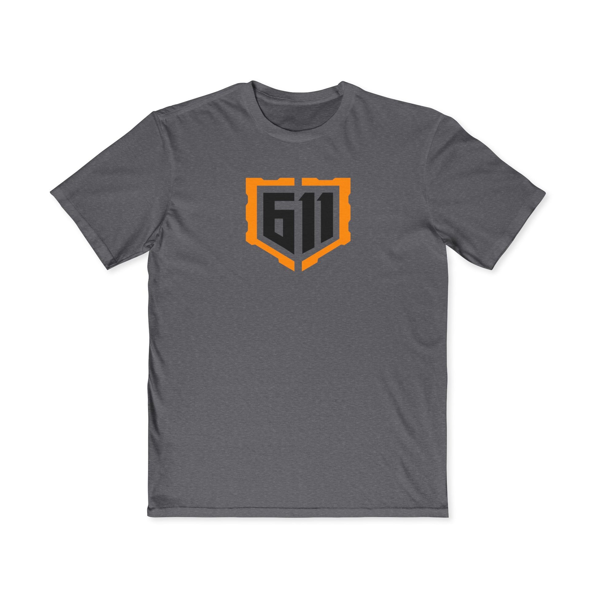 Gray t-shirt with a logo featuring the number 611 on a white background