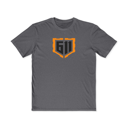 Gray t-shirt with a logo featuring the number 611 on a white background