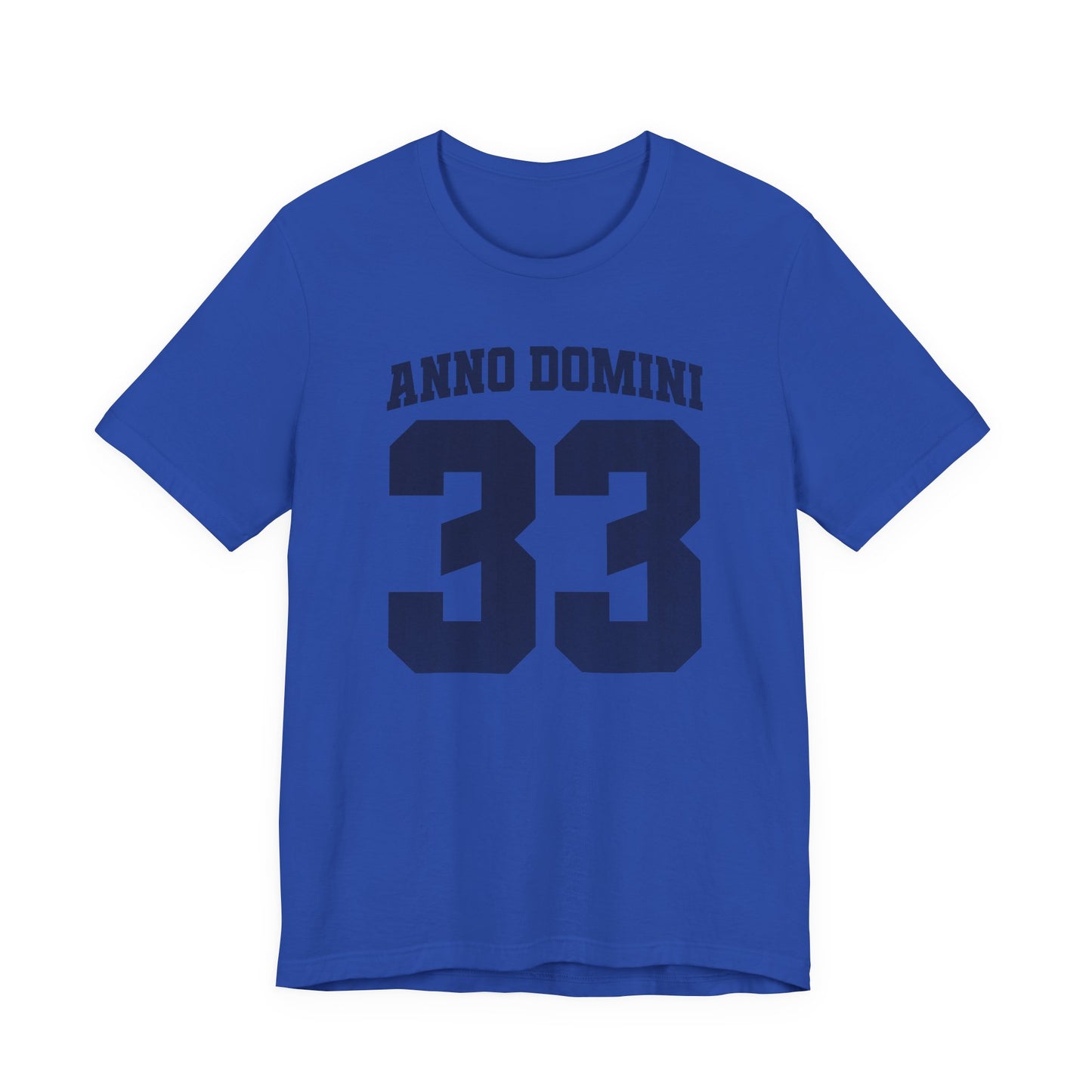 Blue t-shirt with 'Anno Domini 33' text on a white background