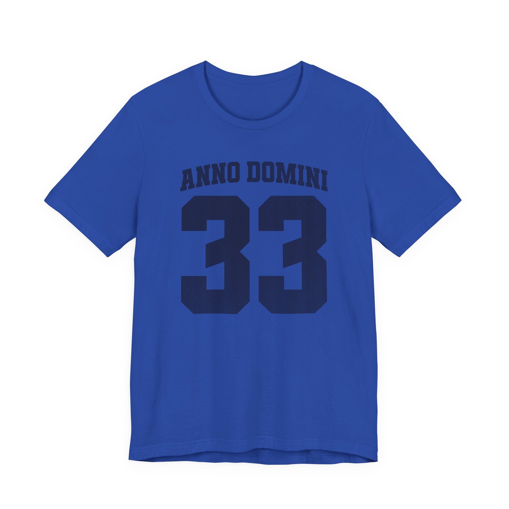 Blue t-shirt with 'Anno Domini 33' text on a white background