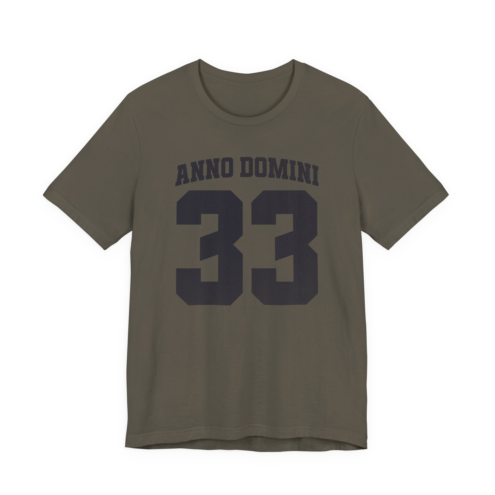 Green t-shirt with 'Anno Domini 33' text on a white background