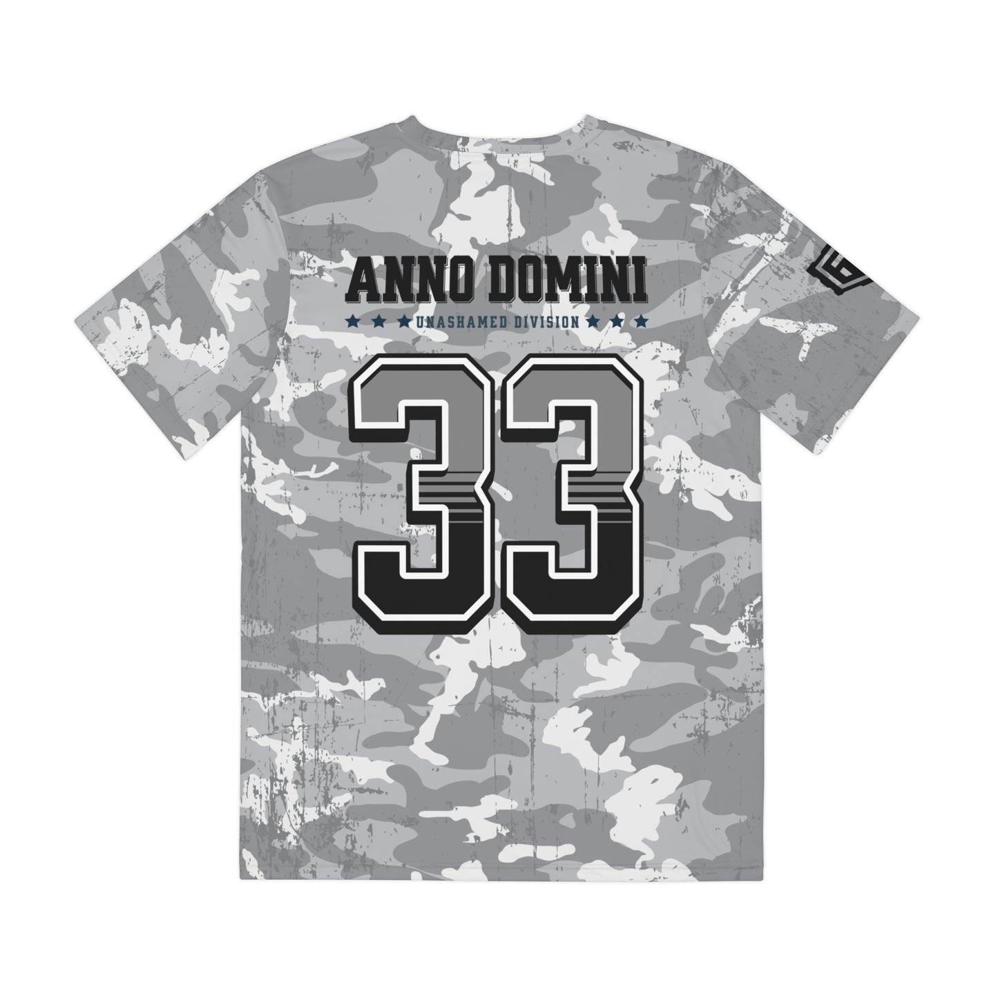 Camouflage t-shirt with 'Anno Domini 33' text on a white background
