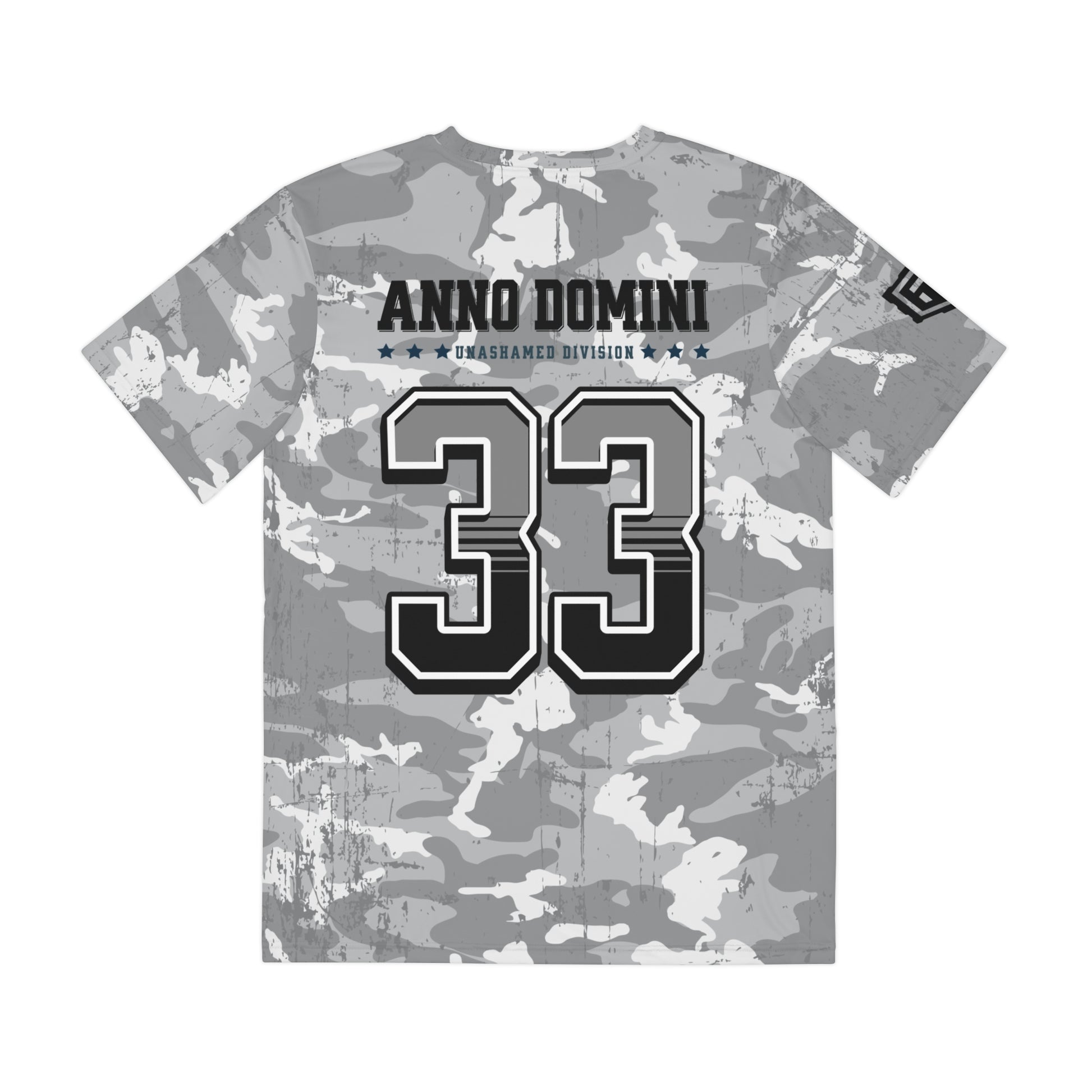 Camouflage t-shirt with 'Anno Domini 33' text on a white background