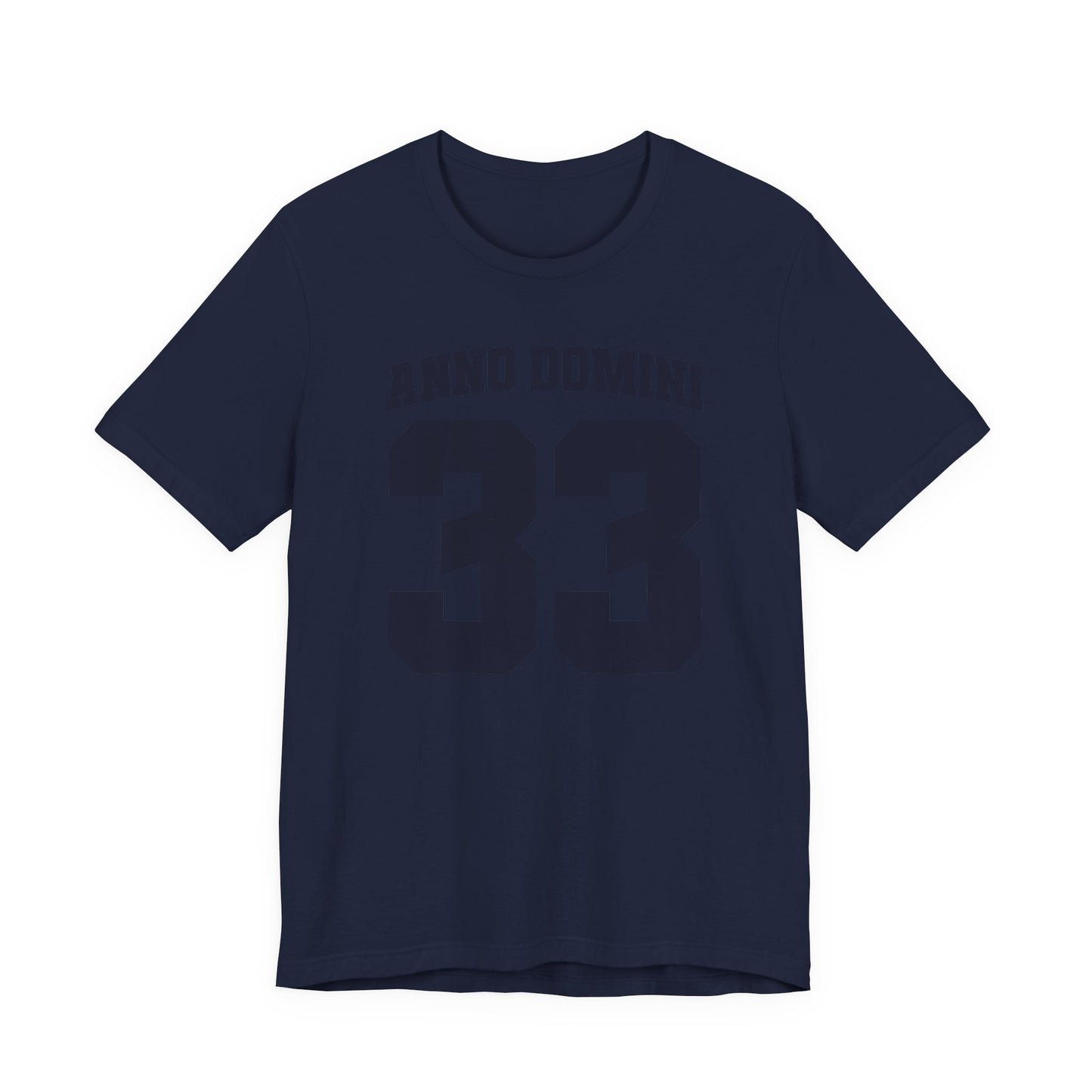 Navy blue t-shirt with text and number on a white background
