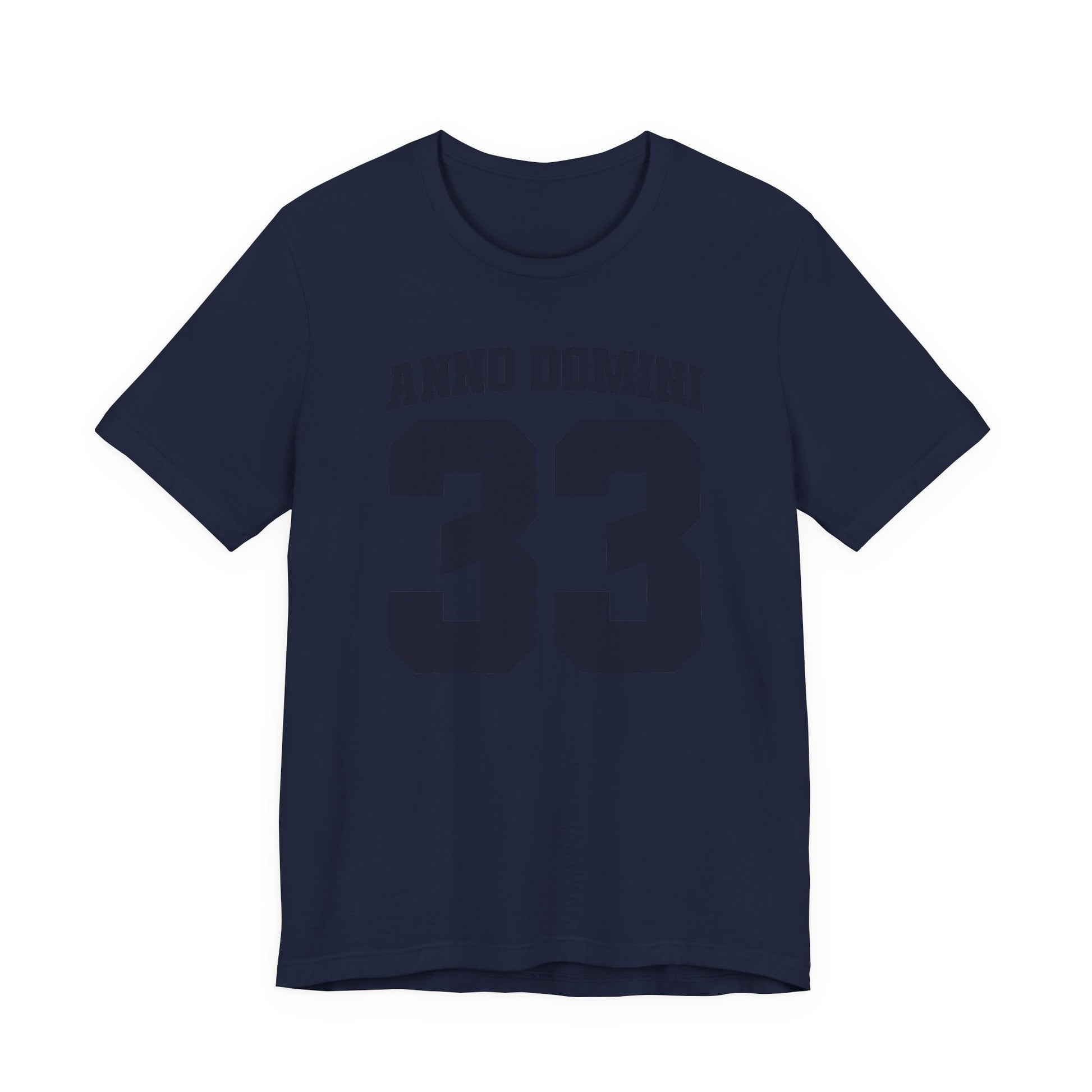 Navy blue t-shirt with text and number on a white background