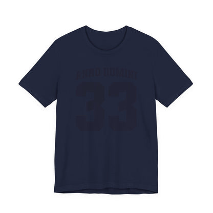 Navy blue t-shirt with text and number on a white background