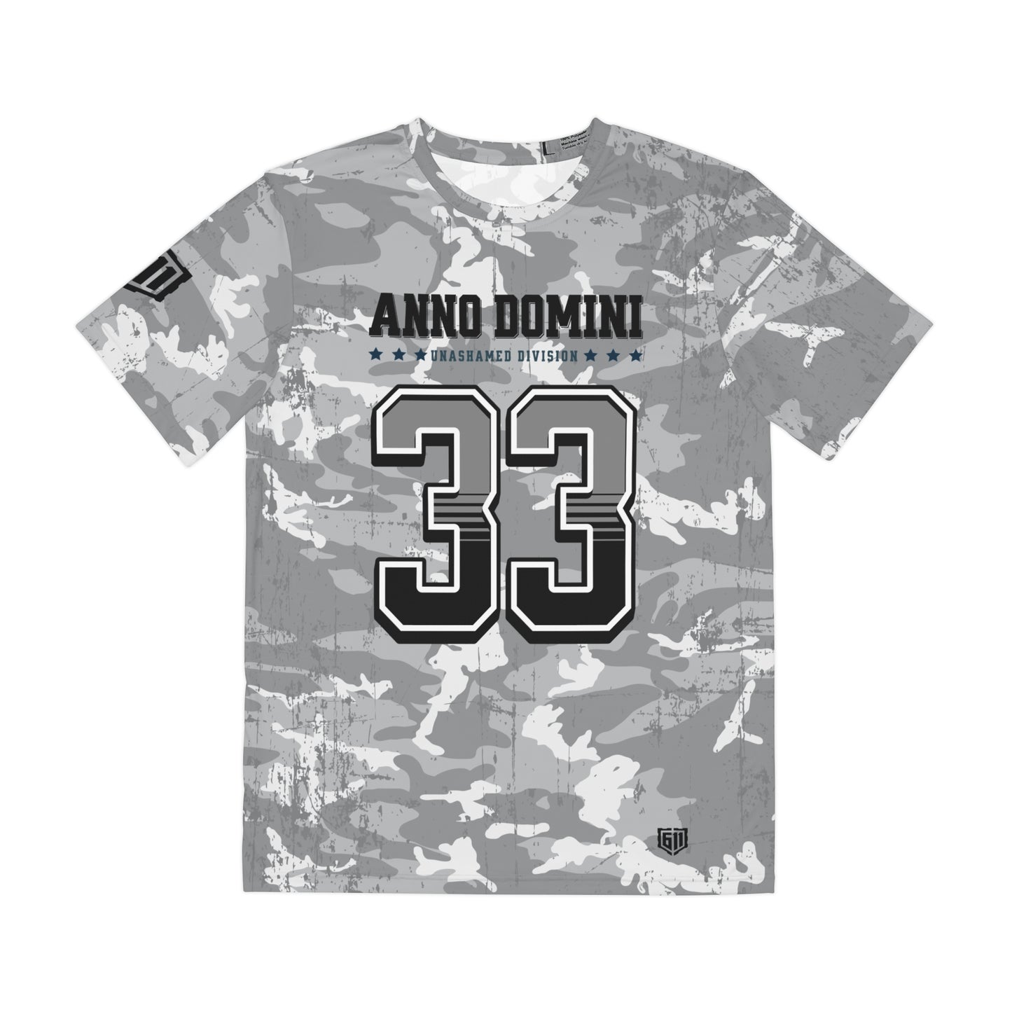 Camouflage t-shirt with 'Anno Domini' and number '33' on a white background