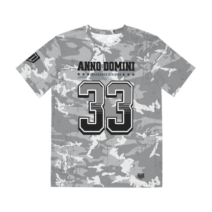 Camouflage t-shirt with 'Anno Domini' and number '33' on a white background