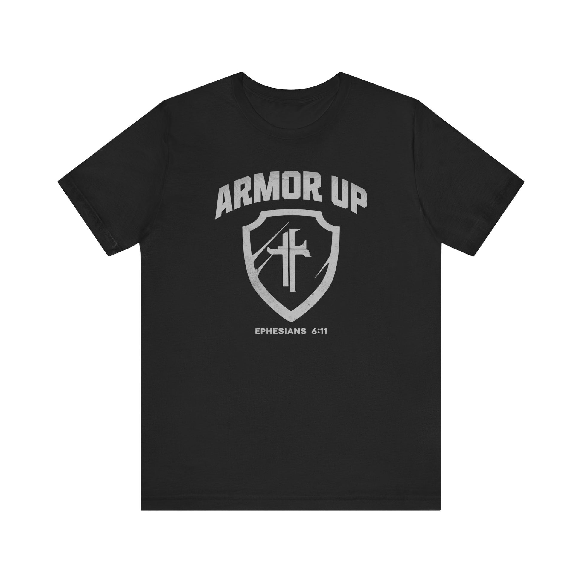 Black t-shirt with 'Armor Up' graphic design on a white background