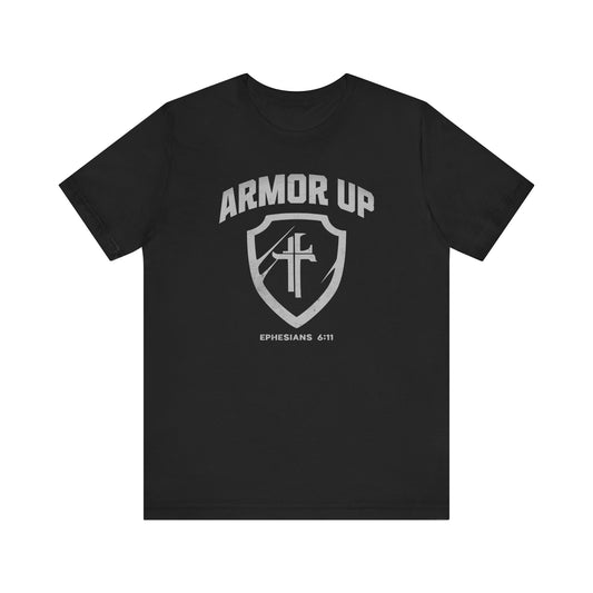 Black t-shirt with 'Armor Up' graphic design on a white background