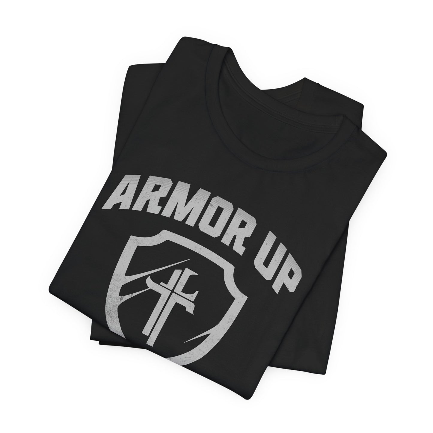 Black t-shirt with 'ARMOR UP' text and logo on a white background
