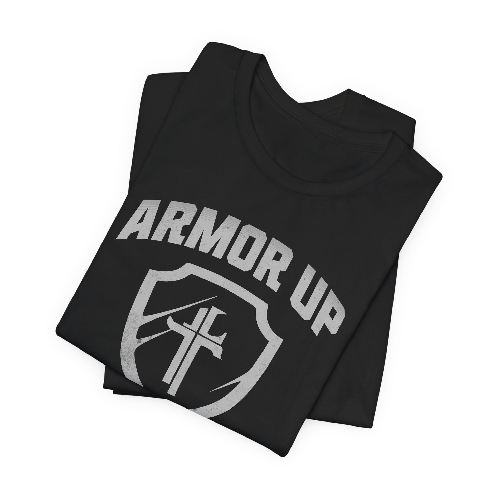 Black t-shirt with 'ARMOR UP' text and logo on a white background