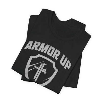 Black t-shirt with 'ARMOR UP' text and logo on a white background