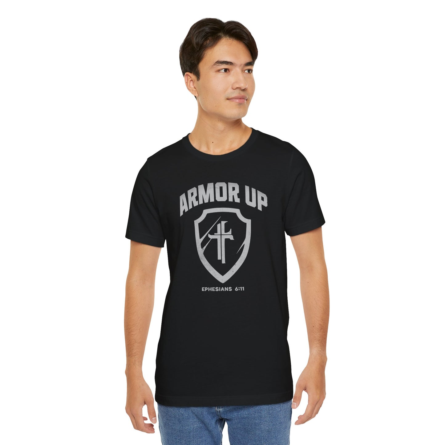 Man wearing a black t-shirt with 'Armor Up' design on a white background