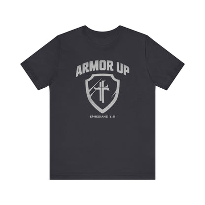 Black t-shirt with 'Armor Up' design on a white background