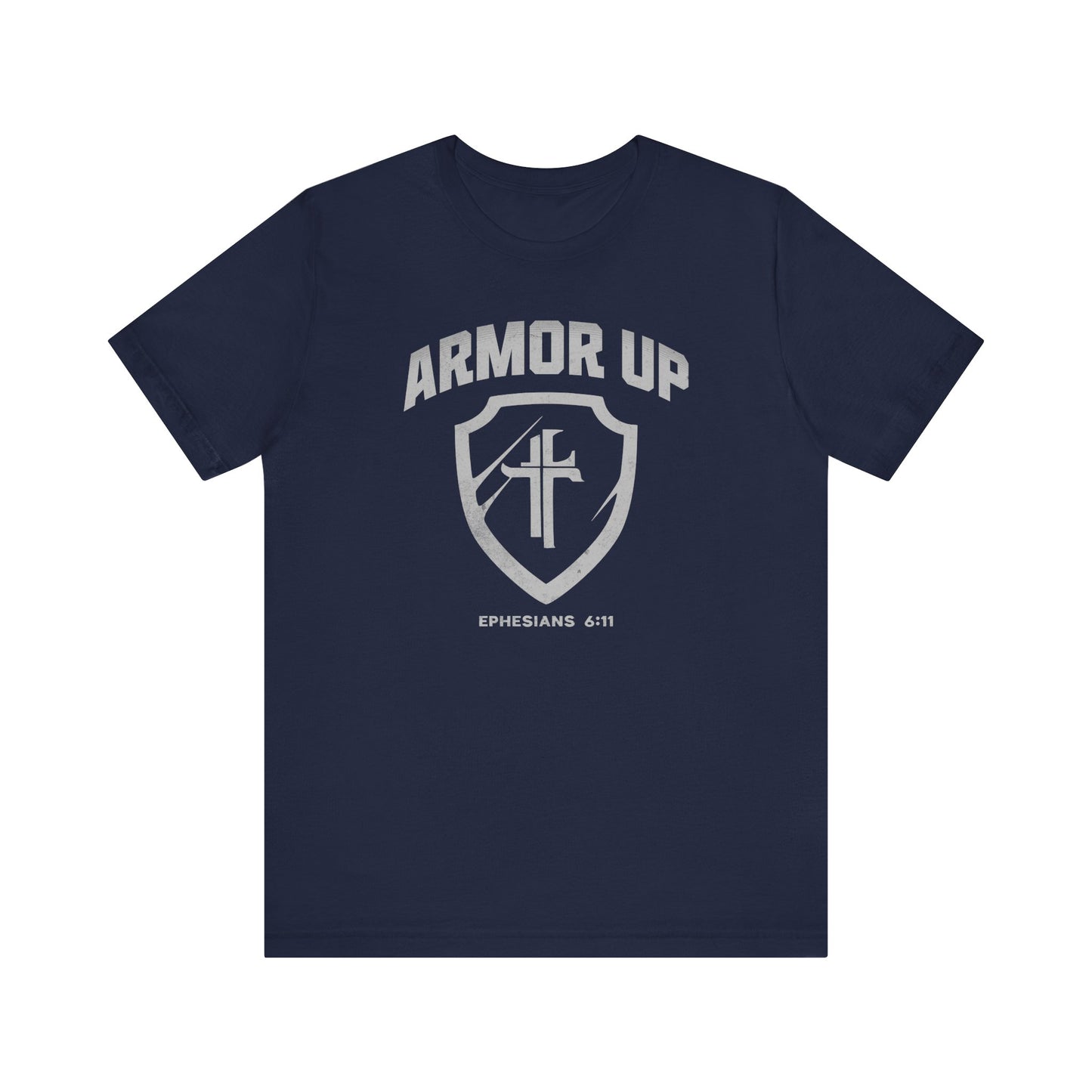 Navy blue t-shirt with 'Armor Up' graphic design on a white background