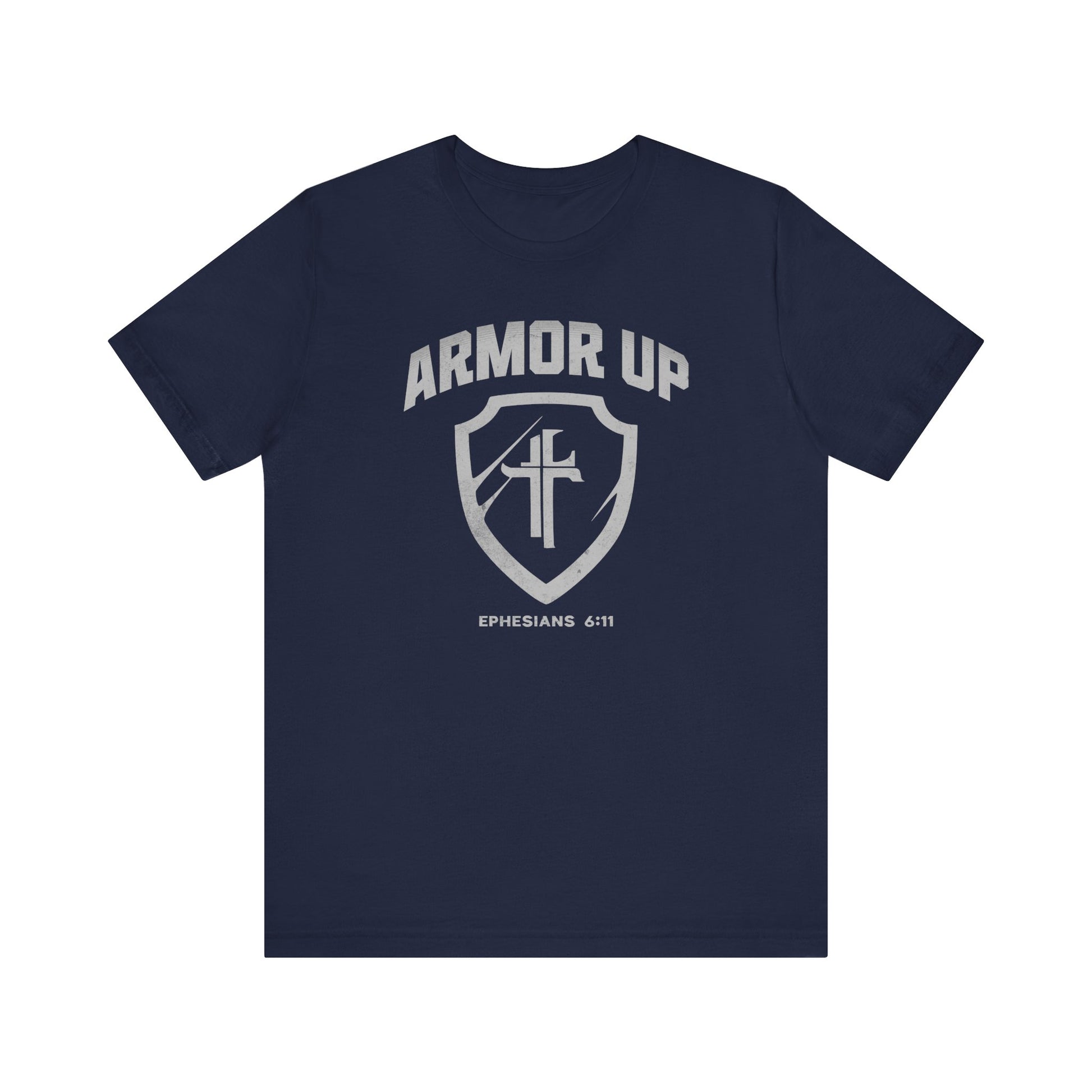 Navy blue t-shirt with 'Armor Up' graphic design on a white background