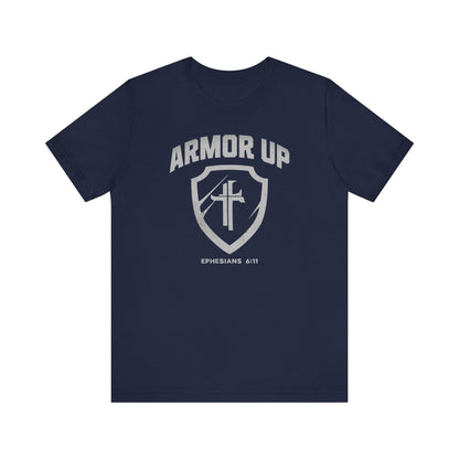 Navy blue t-shirt with 'Armor Up' graphic design on a white background