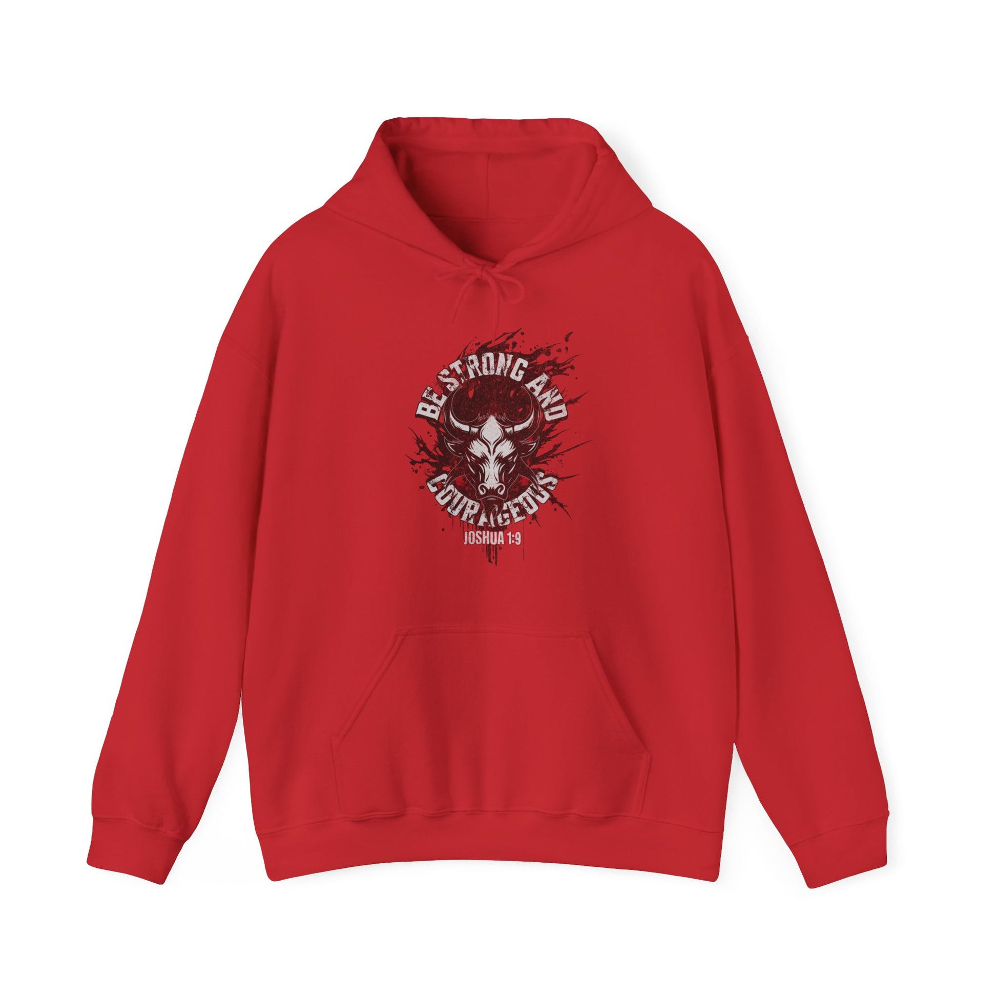 A red hoodie with 'Be Strong and Courageous' text and a graphic on the front.