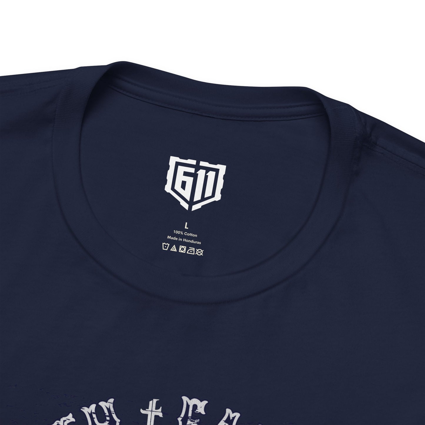 Navy blue t-shirt with a white logo on the collar against a white background