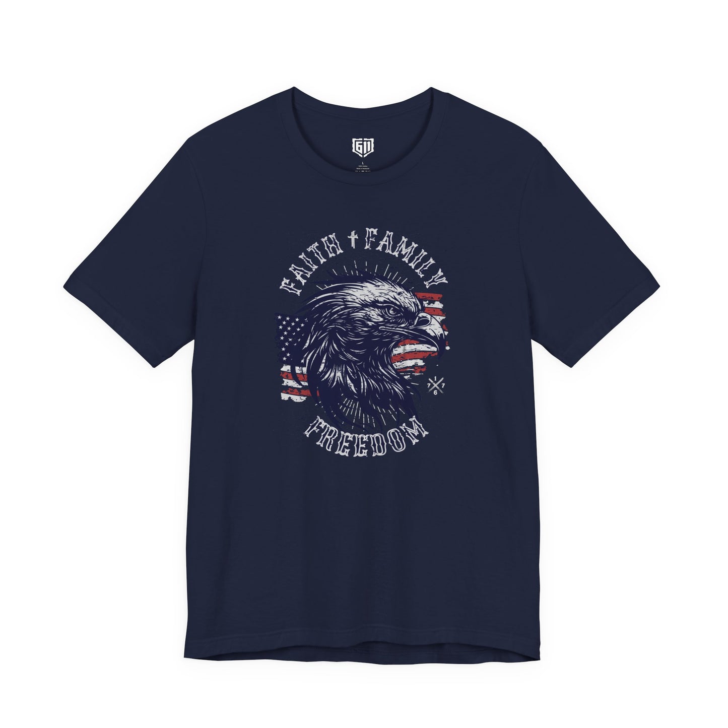 Navy blue t-shirt with an eagle graphic and 'Faith Family Freedom' text on a white background