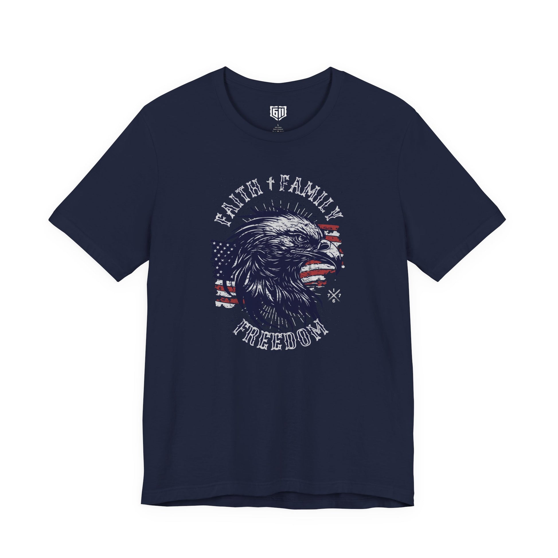 Navy blue t-shirt with an eagle graphic and 'Faith Family Freedom' text on a white background