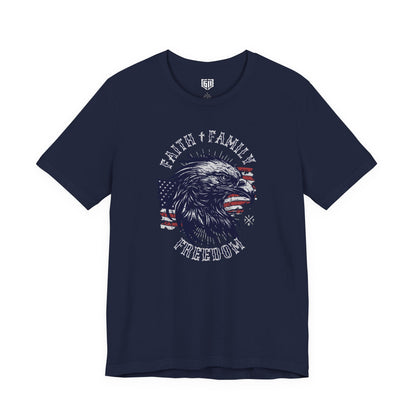 Navy blue t-shirt with an eagle graphic and 'Faith Family Freedom' text on a white background