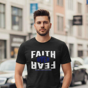 Faith Over Fear Blue Line Edition shirt — law enforcement Christian tee, black