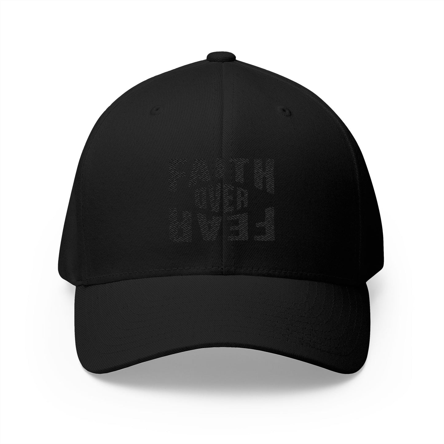Black cap with 'Faith Over Fear' text on a white background