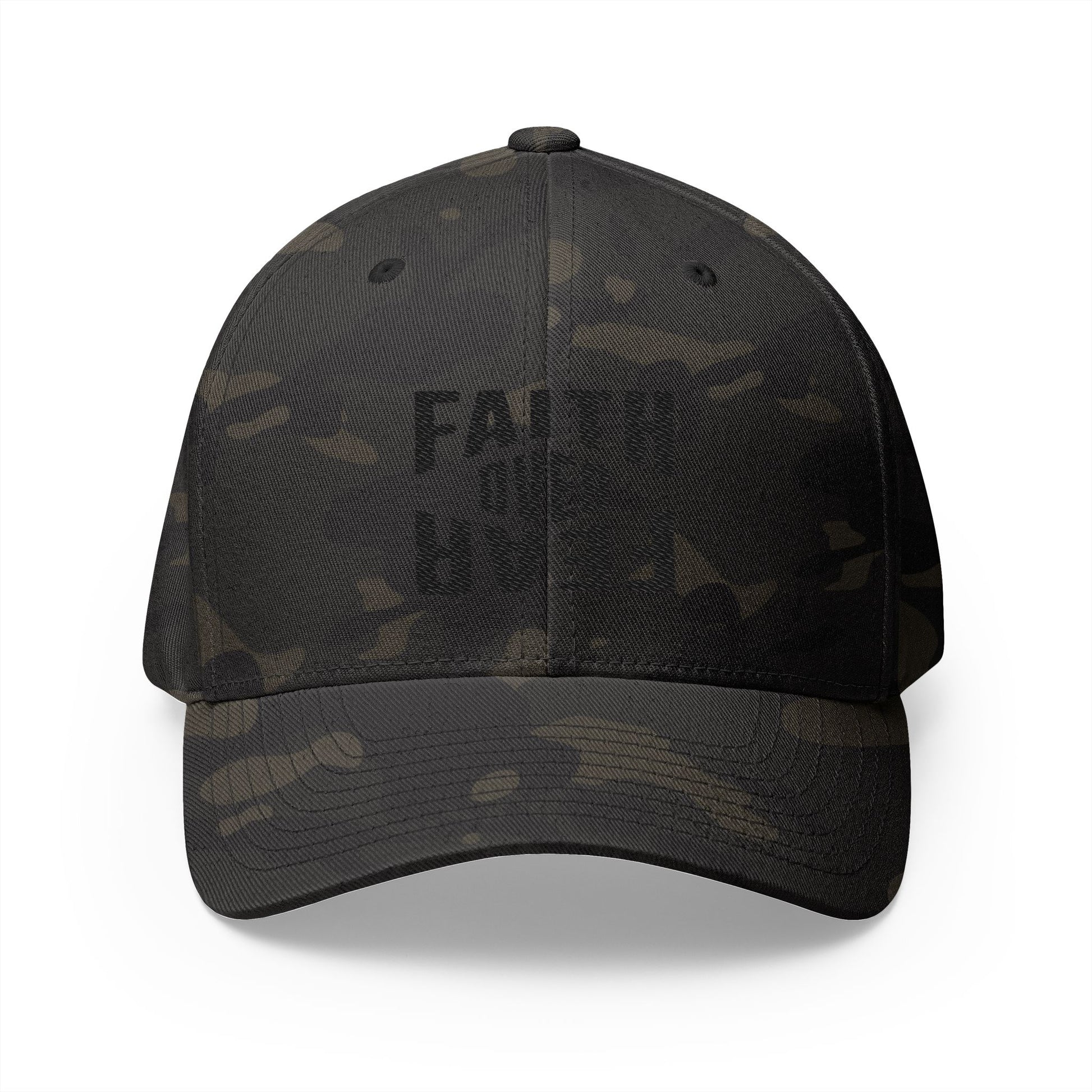 Black camouflage baseball cap with text on a white background