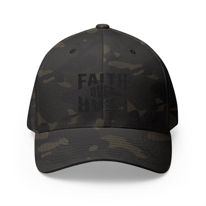 Black camouflage baseball cap with text on a white background