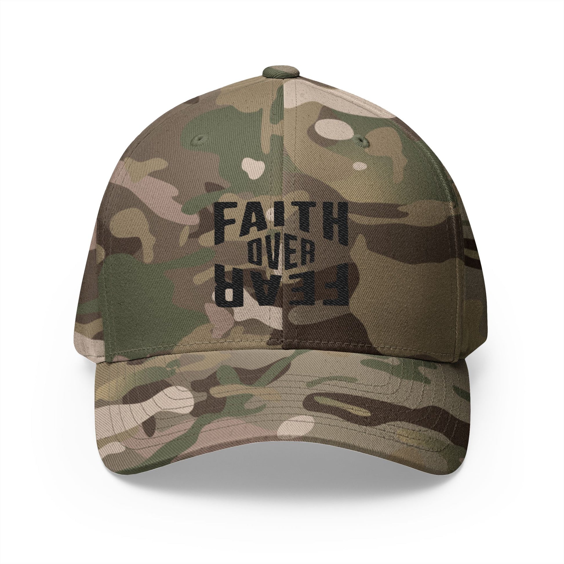 Camouflage baseball cap with 'Faith Over Fear' text on a white background