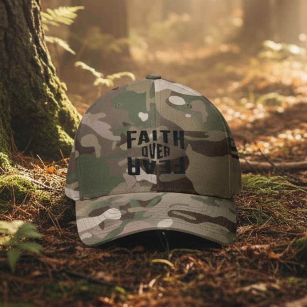 Camouflage cap with 'Faith Over Fear' text on a forest floor