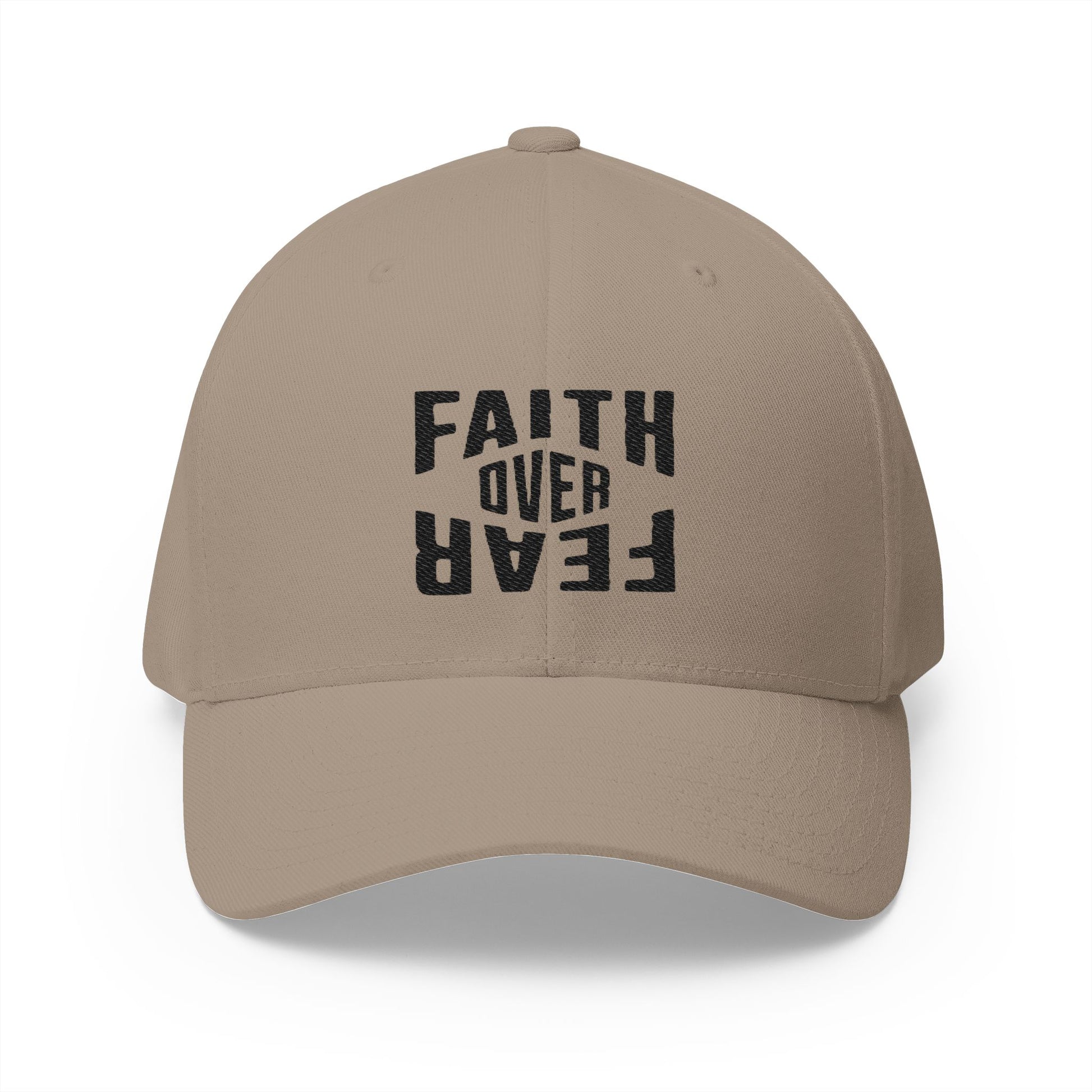 Beige cap with 'Faith Over Fear' text on a white background