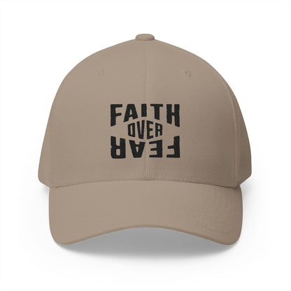 Beige cap with 'Faith Over Fear' text on a white background