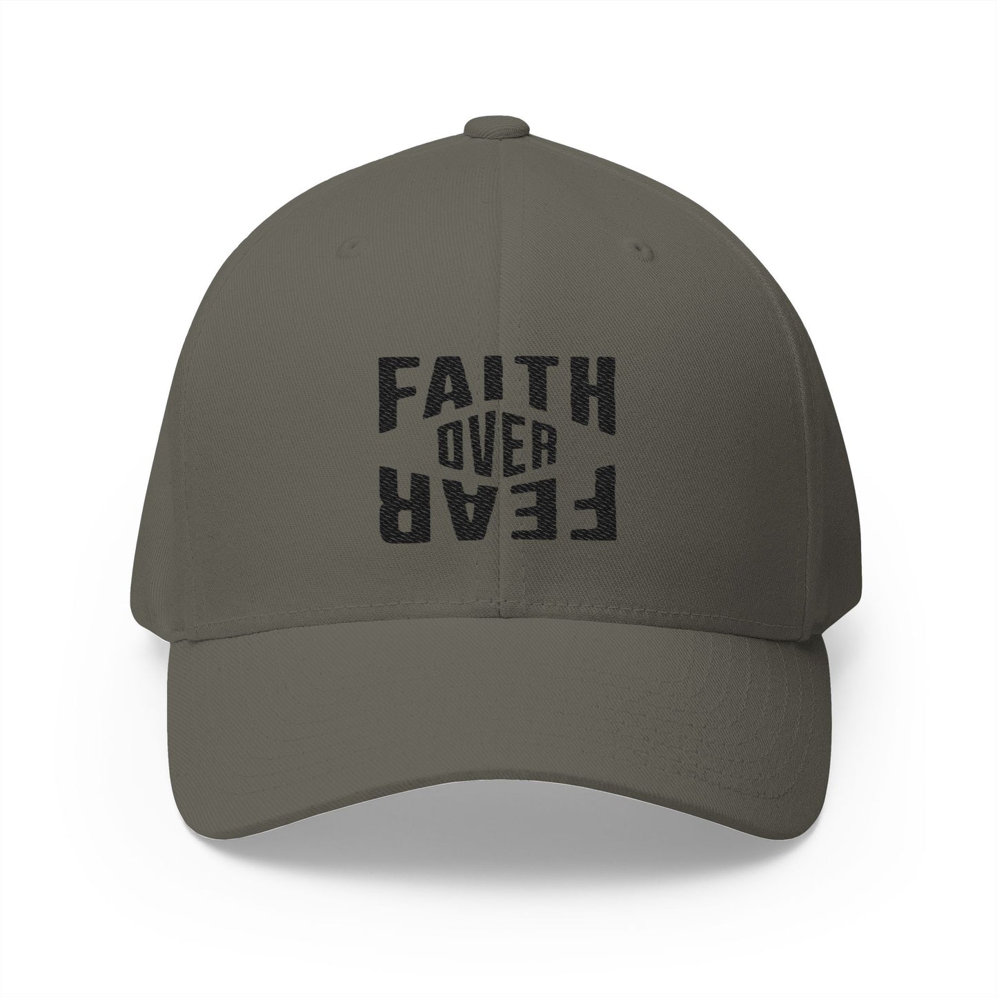 Gray cap with 'Faith Over Fear' text on a white background