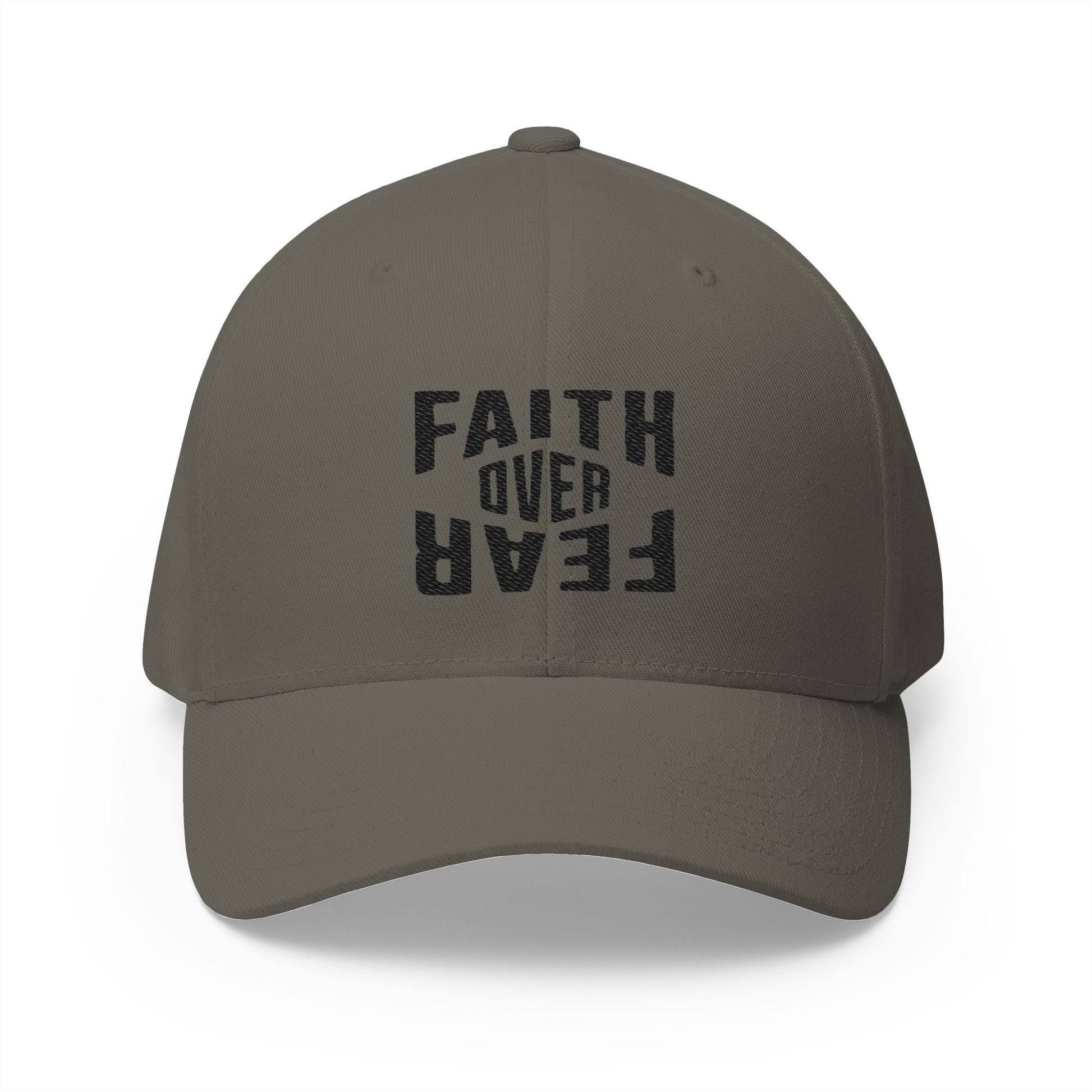 Gray cap with 'Faith Over Fear' text on a white background
