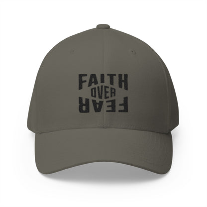 Gray cap with 'Faith Over Fear' text on a white background