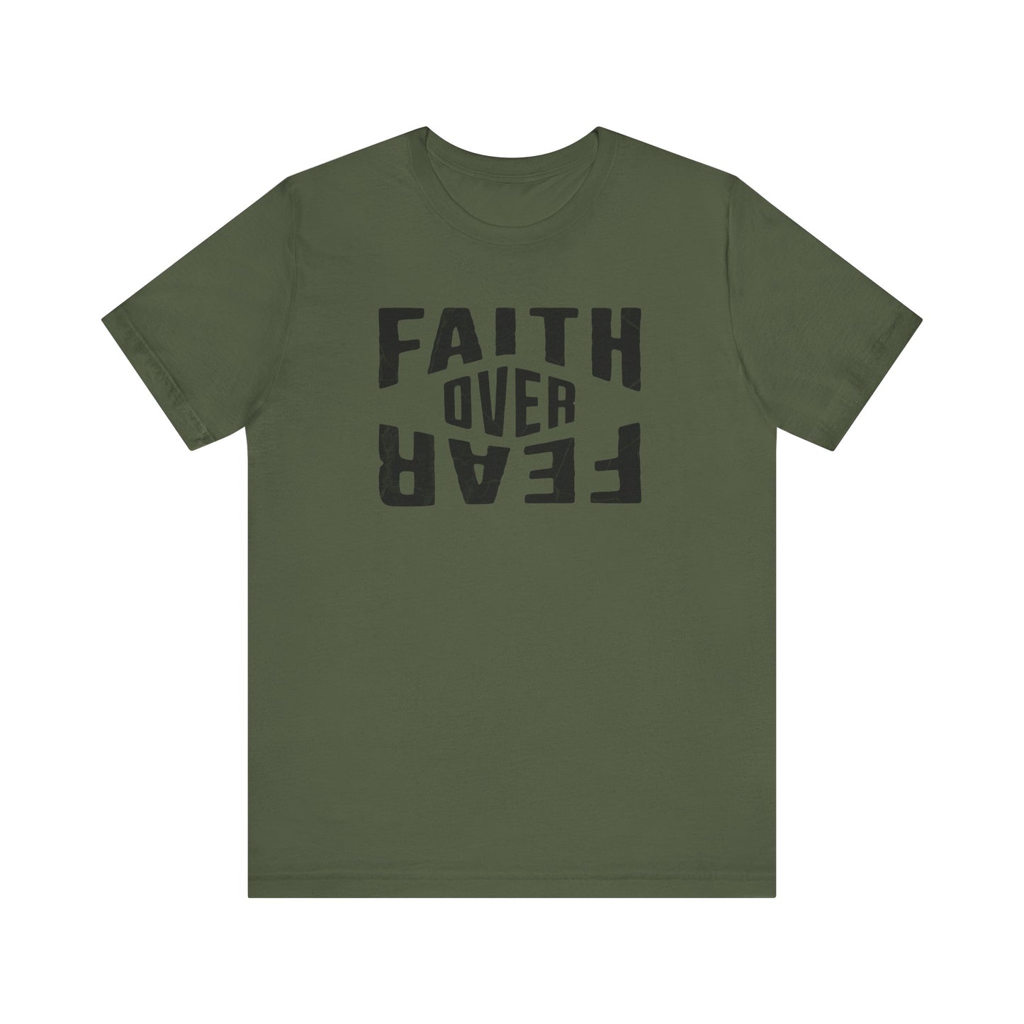 Green t-shirt with 'Faith Over Fear' text on a white background