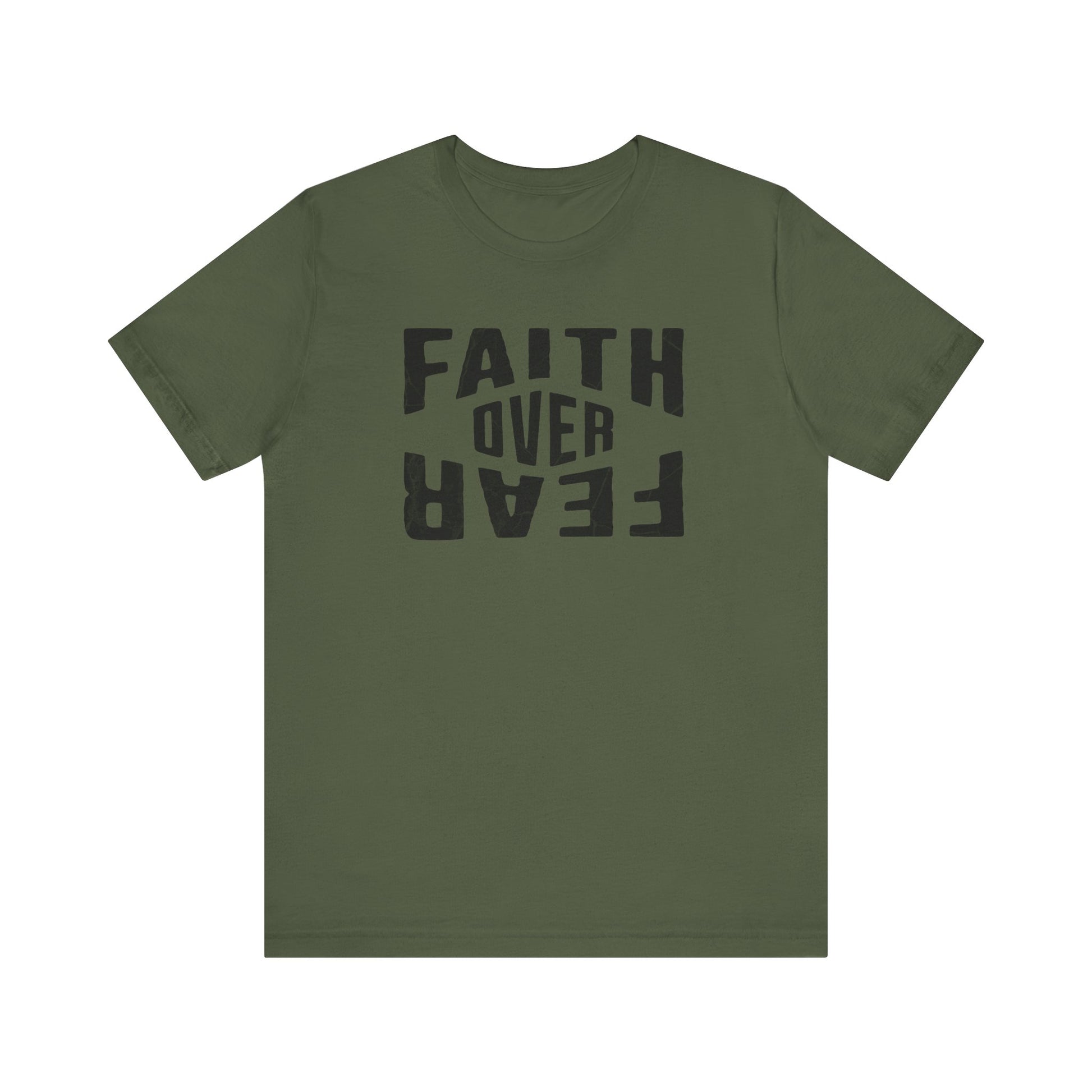 Green t-shirt with 'Faith Over Fear' text on a white background