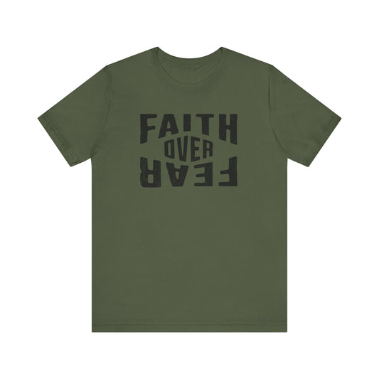 Green t-shirt with 'Faith Over Fear' text on a white background