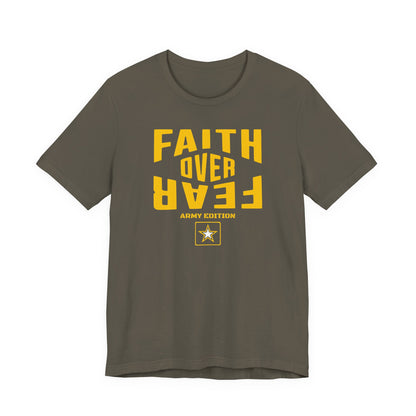 Green t-shirt with yellow text 'Faith Over Fear' on a white background