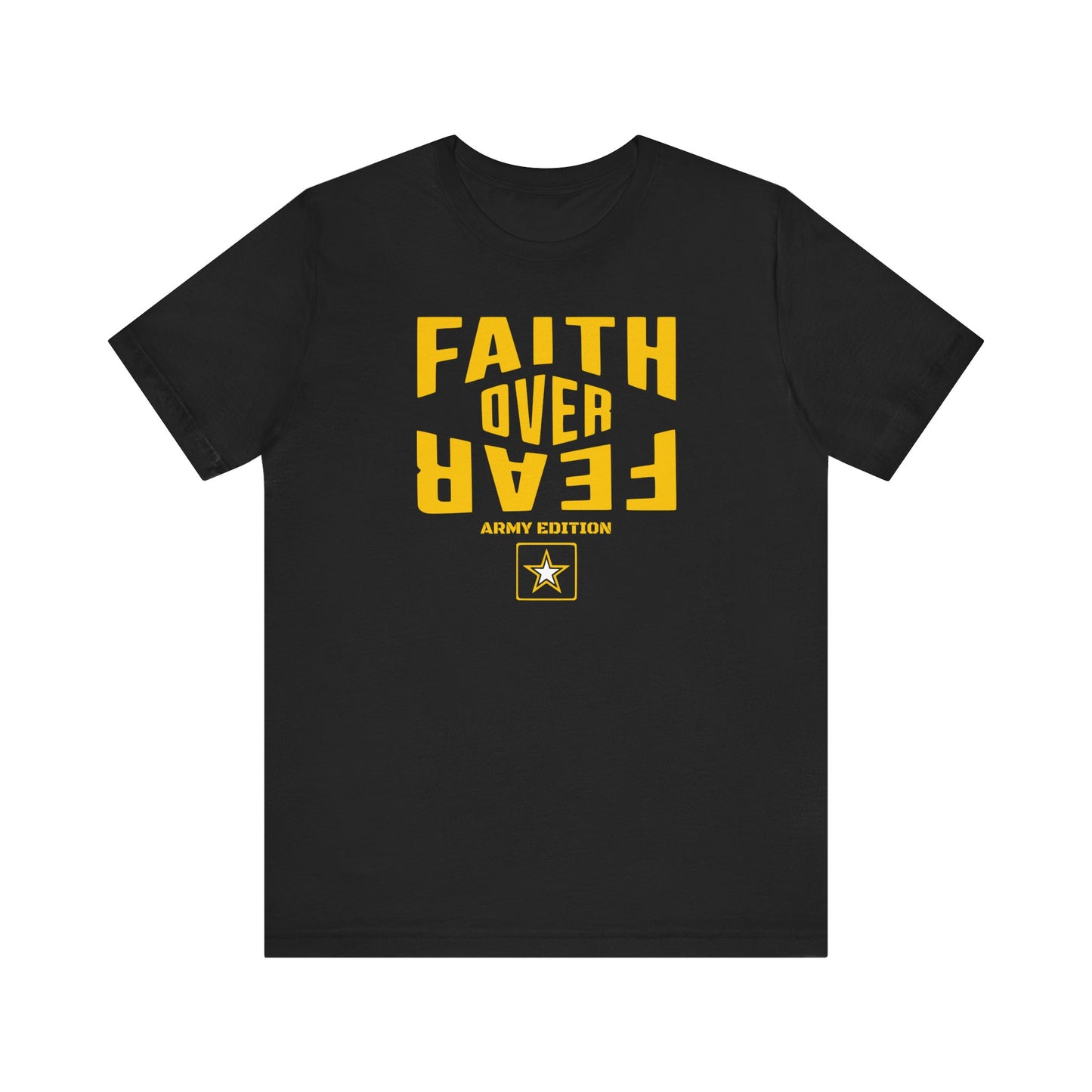 Black t-shirt with yellow text 'Faith Over Fear' on a white background