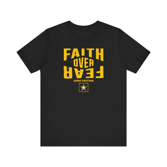 Black t-shirt with yellow text 'Faith Over Fear' on a white background