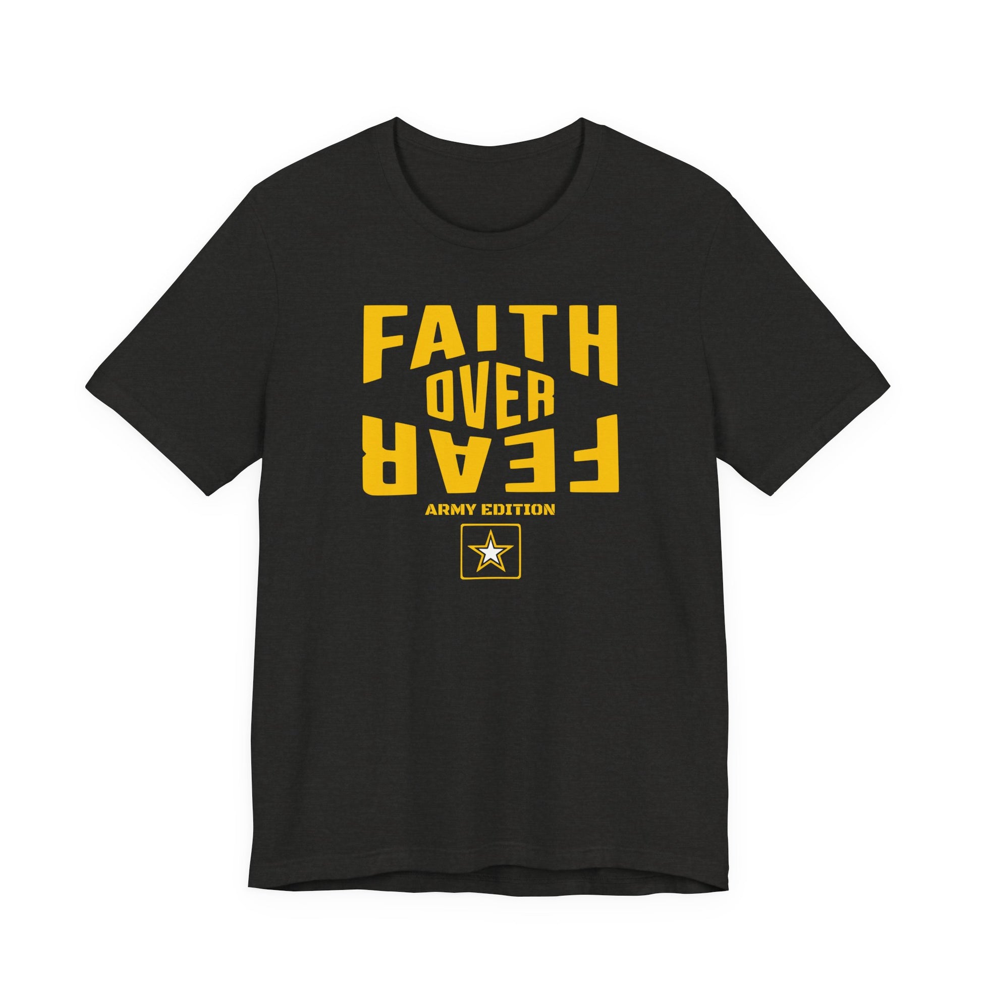 Black t-shirt with yellow text 'Faith Over Fear' on a white background