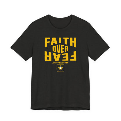 Black t-shirt with yellow text 'Faith Over Fear' on a white background
